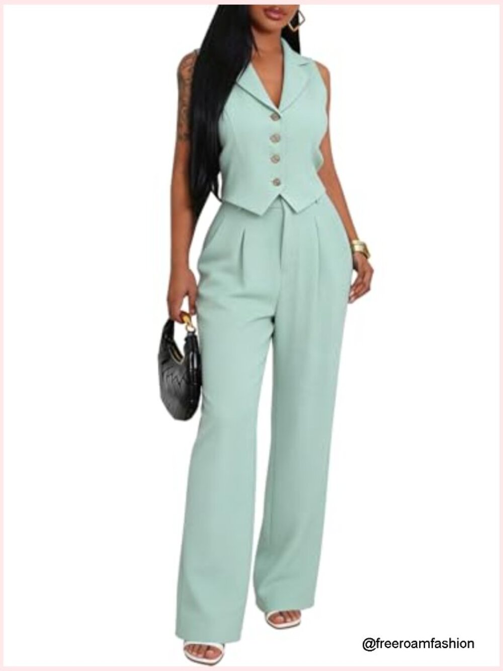 Women's Two Piece Pants Set Sleeveless Vest Blazer Wide Leg Office Outfit - Picture 2 of 7